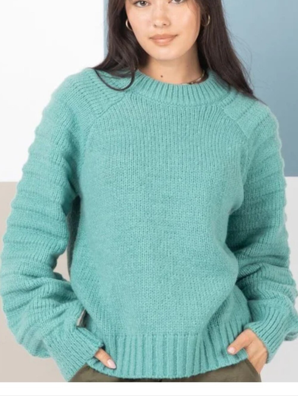 New In Textured Sleeve Sweater - Sage Green